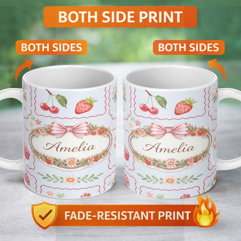 Personalized Custom Name Bear Postage Stamp Seamless Pattern Vintage Woodland Wildlife Design 11oz Ceramic Coffee Tea Mug White Large Handle