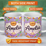Personalized Custom Name Cute Halloween Donut Candy Ice Cream Kawaii Seamless Pattern Purple 11oz Ceramic Coffee Tea Mug White Large Handle