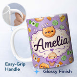 Personalized Custom Name Cute Halloween Donut Candy Ice Cream Kawaii Seamless Pattern Purple 11oz Ceramic Coffee Tea Mug White Large Handle