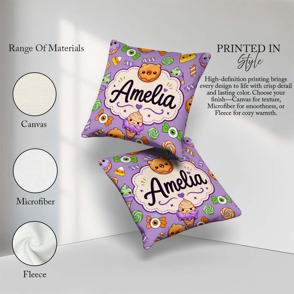 Custom Name Donut Candy Ice Cream Kawaii Seamless Pattern Purple Square Filled Cushion Throw Pillow Sofa Bed Home Decor Zip Washable UK Made