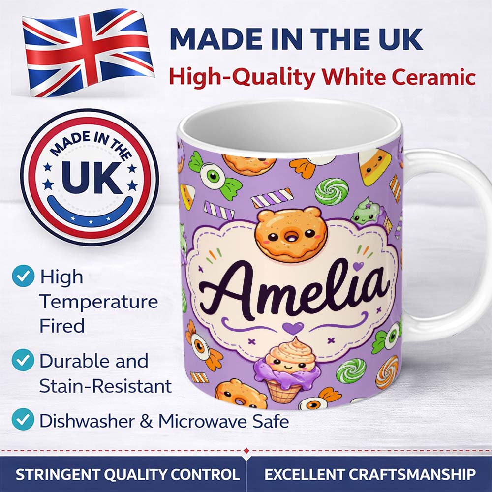 Personalized Custom Name Cute Halloween Donut Candy Ice Cream Kawaii Seamless Pattern Purple 11oz Ceramic Coffee Tea Mug White Large Handle