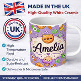 Personalized Custom Name Cute Halloween Donut Candy Ice Cream Kawaii Seamless Pattern Purple 11oz Ceramic Coffee Tea Mug White Large Handle
