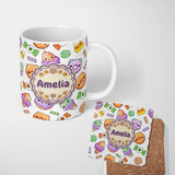 Personalized Custom Name Cute Halloween Donut Candy Ice Cream Kawaii Seamless Pattern White 11oz Ceramic Coffee Tea Mug White Large Handle