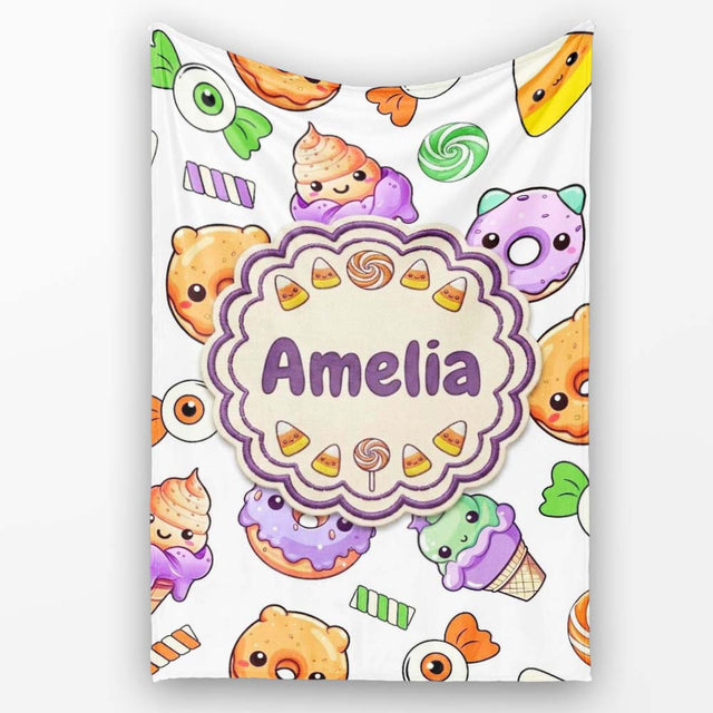 Cute Halloween Donut Candy Ice Cream Kawaii Seamless Pattern White  Personalised Custom Name Super Soft Fleece Blanket Bed Sofa Throw