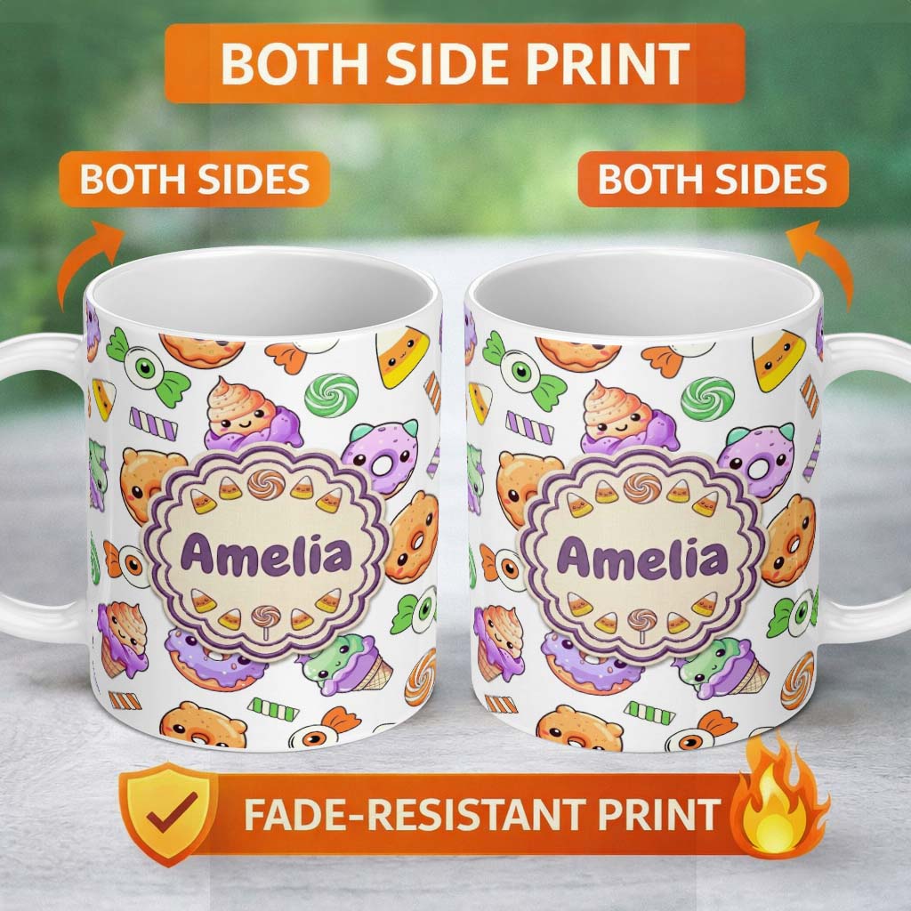 Personalized Custom Name Cute Halloween Donut Candy Ice Cream Kawaii Seamless Pattern White 11oz Ceramic Coffee Tea Mug White Large Handle