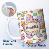 Personalized Custom Name Cute Halloween Donut Candy Ice Cream Kawaii Seamless Pattern White 11oz Ceramic Coffee Tea Mug White Large Handle