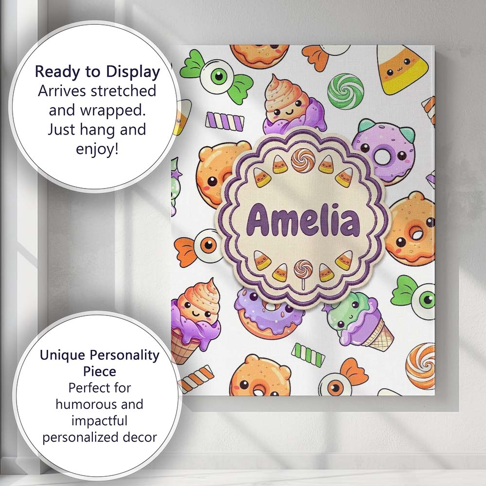 Personalised Name Cute Halloween Donut Custom  Modern Room Accent Elegant Feature Canvas Wall Art Print Decor Picture Ready to Hang