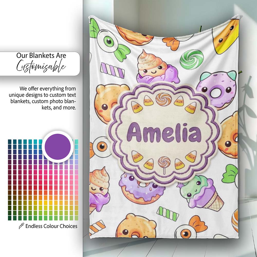 Cute Halloween Donut Candy Ice Cream Kawaii Seamless Pattern White  Personalised Custom Name Super Soft Fleece Blanket Bed Sofa Throw