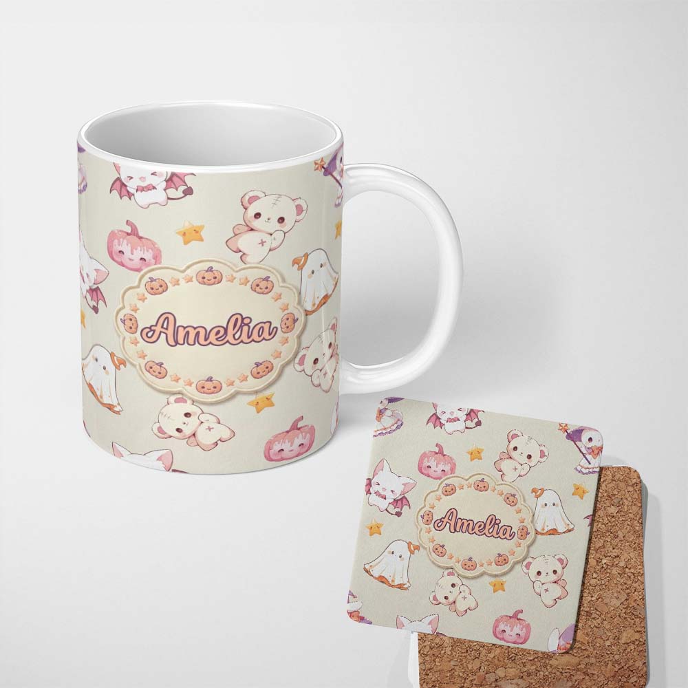 Personalized Custom Name Cute Halloween Bunny Witch Teddy Pumpkin Seamless Pattern Cream 11oz Ceramic Coffee Tea Mug White Large Handle