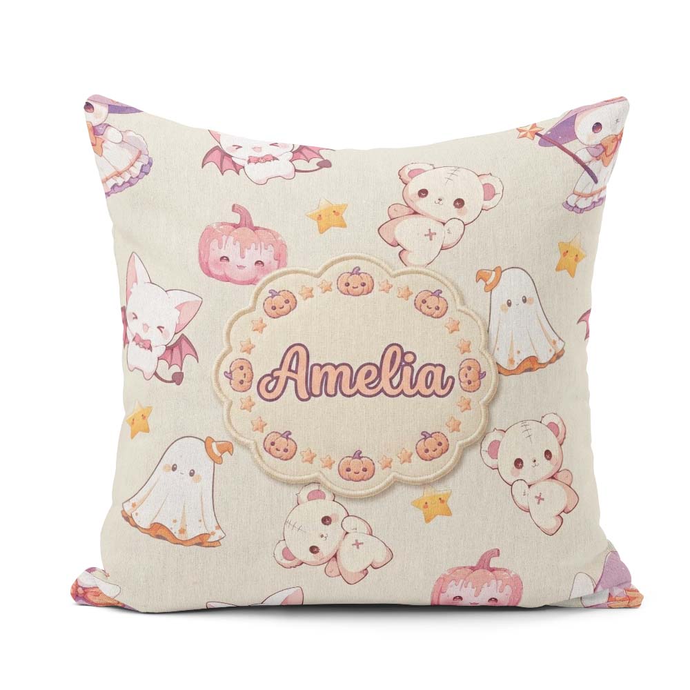 Custom Name Halloween Bunny Witch Teddy Pumpkin Seamless Pattern Square Filled Cushion Throw Pillow Sofa Bed Home Decor Zip Washable UK Made