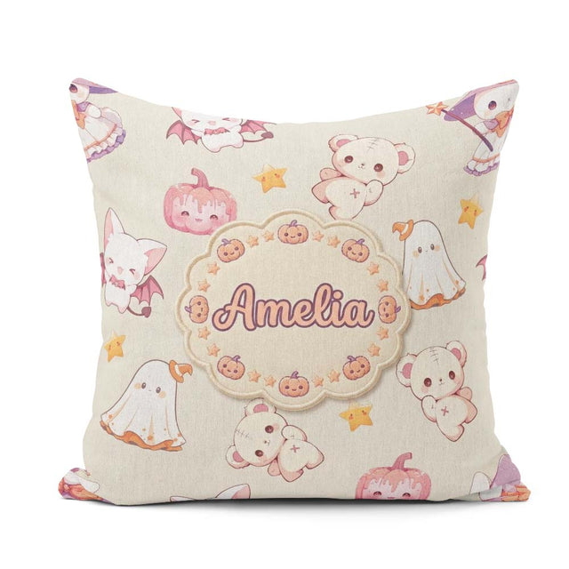Custom Name Halloween Bunny Witch Teddy Pumpkin Seamless Pattern Square Filled Cushion Throw Pillow Sofa Bed Home Decor Zip Washable UK Made