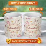 Personalized Custom Name Cute Halloween Bunny Witch Teddy Pumpkin Seamless Pattern Cream 11oz Ceramic Coffee Tea Mug White Large Handle