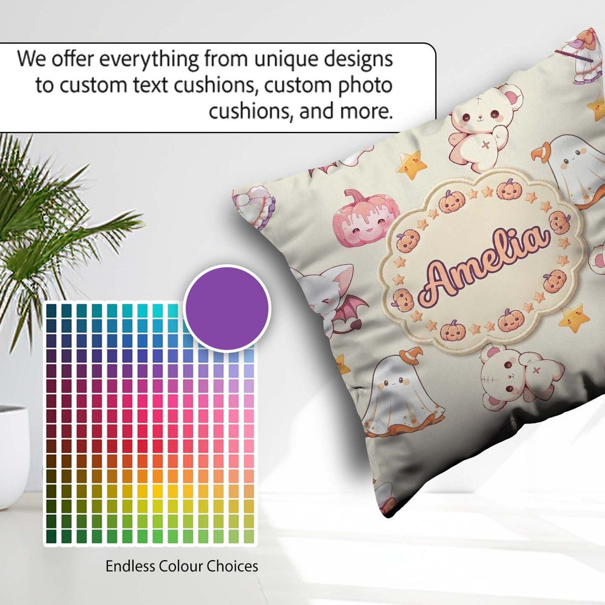 Custom Name Halloween Bunny Witch Teddy Pumpkin Seamless Pattern Square Filled Cushion Throw Pillow Sofa Bed Home Decor Zip Washable UK Made