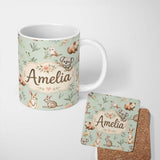 Personalized Custom Name Woodland Animals Koala Kangaroo Bear Floral Mint Green Seamless 11oz Ceramic Coffee Tea Mug White Large Handle