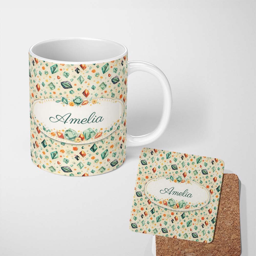 Personalized Custom Name Decorative Crystal Floral Seamless Pattern Pastel Gemstone Botanical 11oz Ceramic Coffee Tea Mug White Large Handle