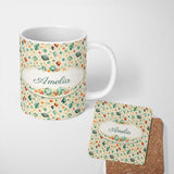 Personalized Custom Name Decorative Crystal Floral Seamless Pattern Pastel Gemstone Botanical 11oz Ceramic Coffee Tea Mug White Large Handle