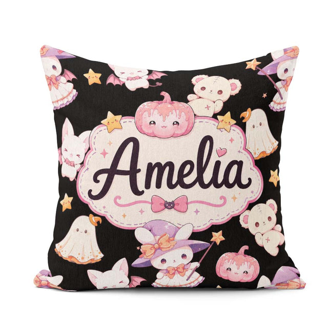 Custom Name Halloween Bunny Witch Teddy Pumpkin Seamless Pattern Square Filled Cushion Throw Pillow Sofa Bed Home Decor Zip Washable UK Made