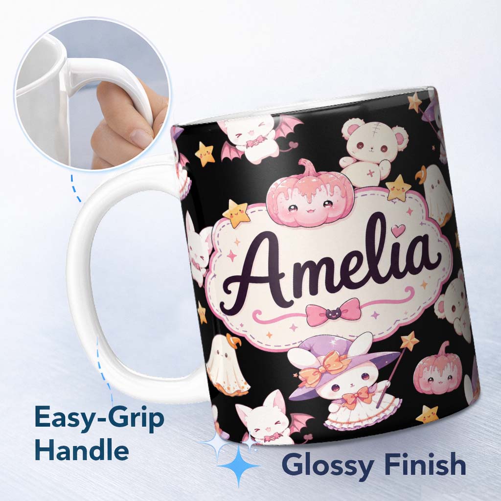 Personalized Custom Name Cute Halloween Bunny Witch Teddy Pumpkin Seamless Pattern Black 11oz Ceramic Coffee Tea Mug White Large Handle
