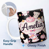 Personalized Custom Name Cute Halloween Bunny Witch Teddy Pumpkin Seamless Pattern Black 11oz Ceramic Coffee Tea Mug White Large Handle