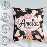Custom Name Halloween Bunny Witch Teddy Pumpkin Seamless Pattern Square Filled Cushion Throw Pillow Sofa Bed Home Decor Zip Washable UK Made