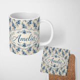 Personalized Custom Name Elegant Blue Floral Vintage Botanical Seamless Pattern Lovely 11oz Ceramic Coffee Tea Mug White Large Handle