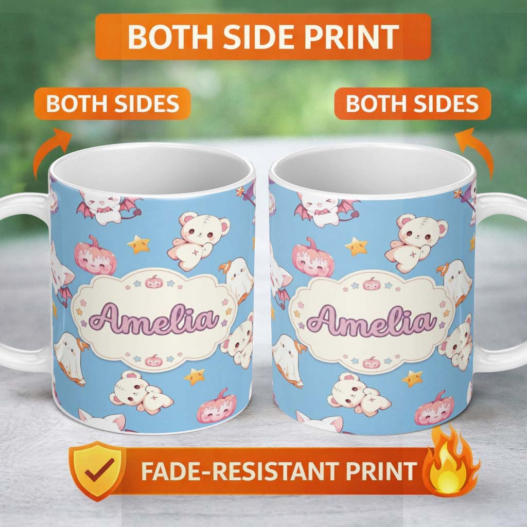 Personalized Custom Name Cute Halloween Bunny Witch Ghost Teddy Pumpkin Seamless Pattern 11oz Ceramic Coffee Tea Mug White Large Handle