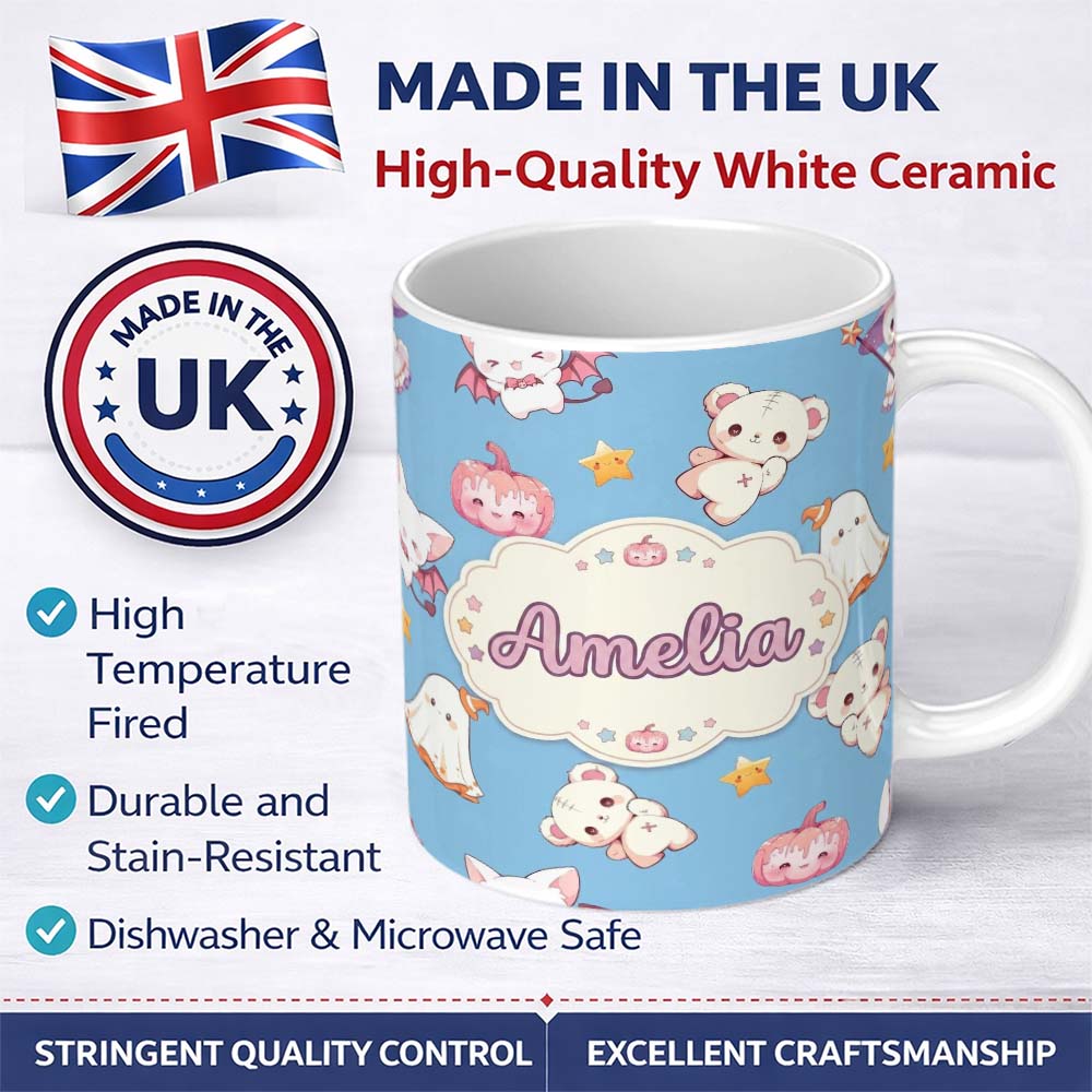 Personalized Custom Name Cute Halloween Bunny Witch Ghost Teddy Pumpkin Seamless Pattern 11oz Ceramic Coffee Tea Mug White Large Handle