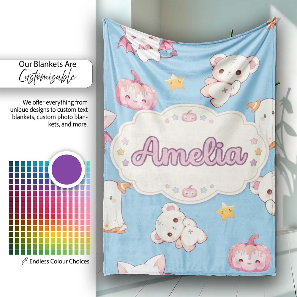 Cute Halloween Bunny Witch Ghost Teddy Pumpkin Seamless Pattern  Personalised Custom Name Super Soft Fleece Blanket Bed Sofa Throw