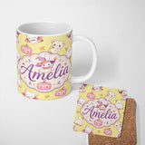 Personalized Custom Name Cute Halloween Bunny Witch Teddy Pumpkin Seamless Pattern Yellow 11oz Ceramic Coffee Tea Mug White Large Handle