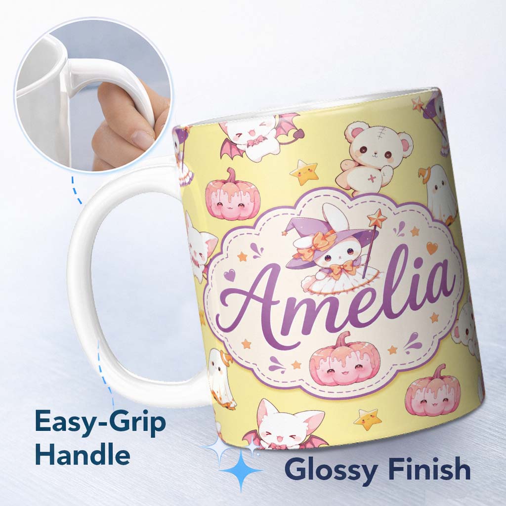 Personalized Custom Name Cute Halloween Bunny Witch Teddy Pumpkin Seamless Pattern Yellow 11oz Ceramic Coffee Tea Mug White Large Handle