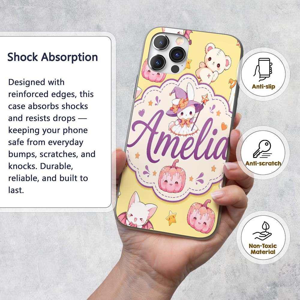 Cute Halloween Bunny Witch Teddy Pumpkin Seamless Custom Name Protective Phone Case Mobile Cover Durable Everyday Smartphone Shock Resistant