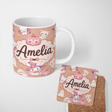 Personalized Custom Name Cute Halloween Bunny Witch Teddy Pumpkin Seamless Pattern Peach 11oz Ceramic Coffee Tea Mug White Large Handle