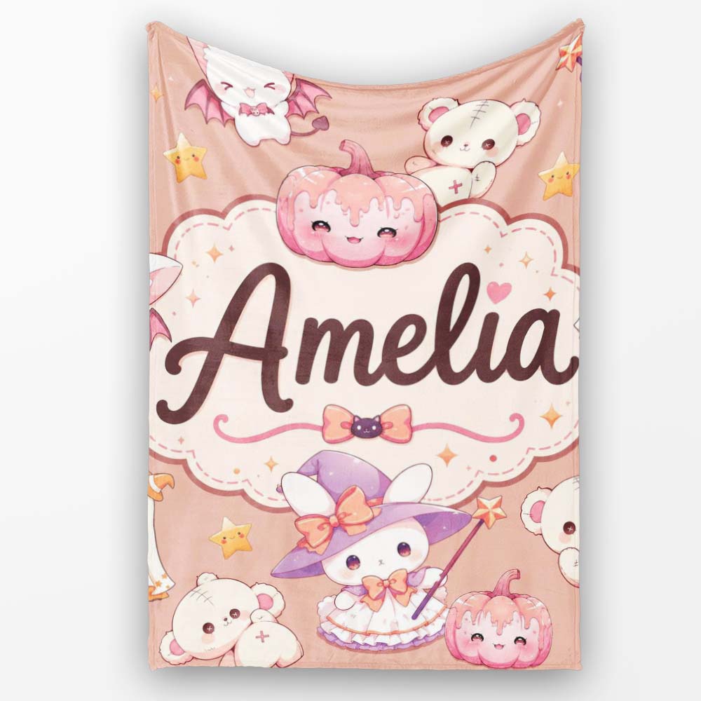 Cute Halloween Bunny Witch Teddy Pumpkin Seamless Pattern Peach  Personalised Custom Name Super Soft Fleece Blanket Bed Sofa Throw