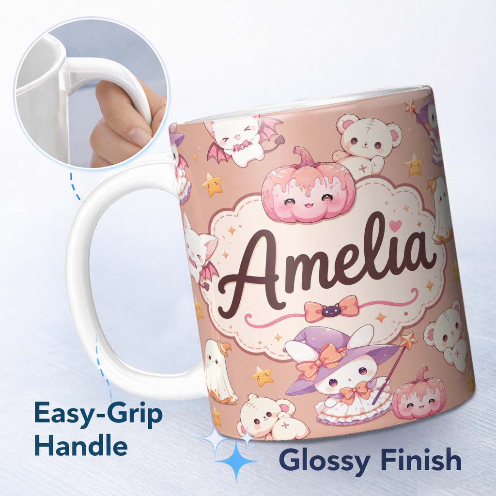 Personalized Custom Name Cute Halloween Bunny Witch Teddy Pumpkin Seamless Pattern Peach 11oz Ceramic Coffee Tea Mug White Large Handle