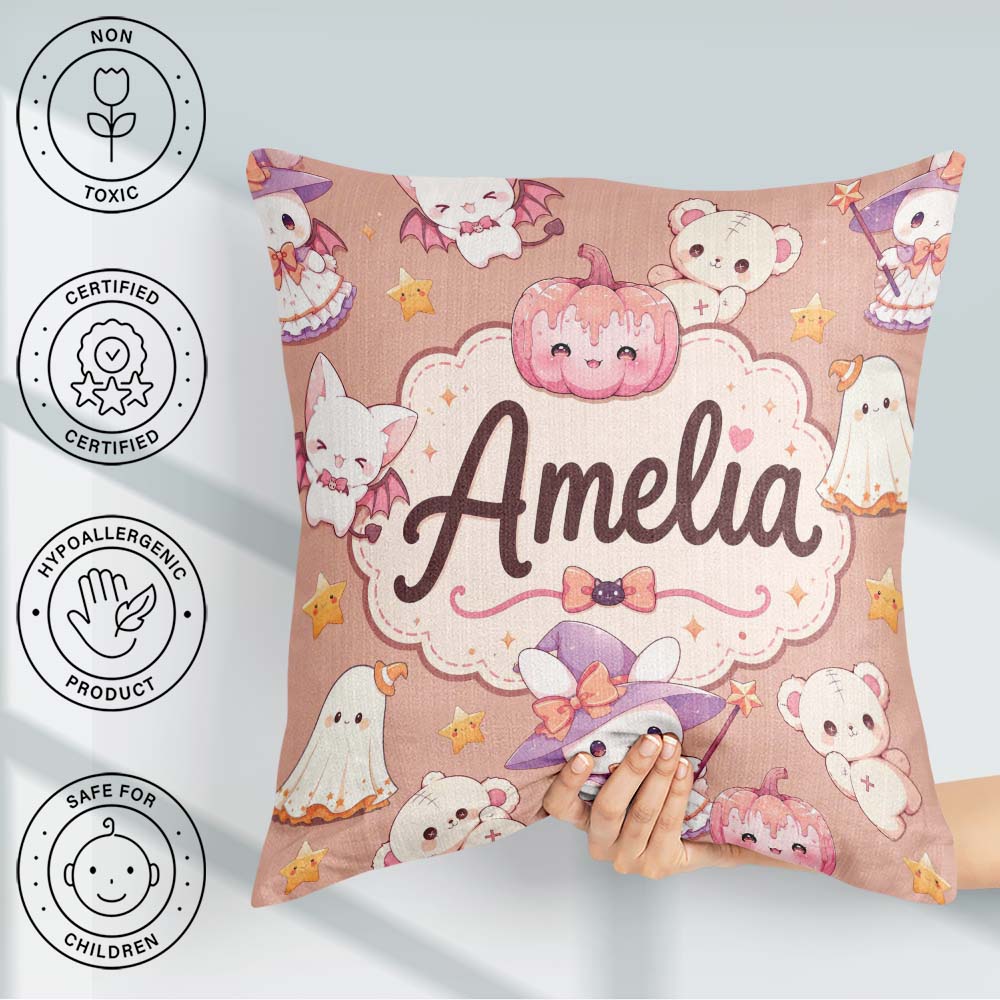 Custom Name Halloween Bunny Witch Teddy Pumpkin Seamless Pattern Square Filled Cushion Throw Pillow Sofa Bed Home Decor Zip Washable UK Made