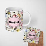 Personalized Custom Name Cute Kawaii School Cat Books Apple Clock Supplies Pattern Cream 11oz Ceramic Coffee Tea Mug White Large Handle