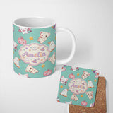 Personalized Custom Name Cute Halloween Bunny Witch Ghost Teddy Pumpkin Seamless Pattern 11oz Ceramic Coffee Tea Mug White Large Handle
