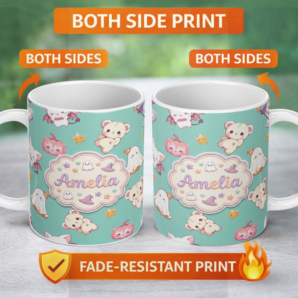 Personalized Custom Name Cute Halloween Bunny Witch Ghost Teddy Pumpkin Seamless Pattern 11oz Ceramic Coffee Tea Mug White Large Handle
