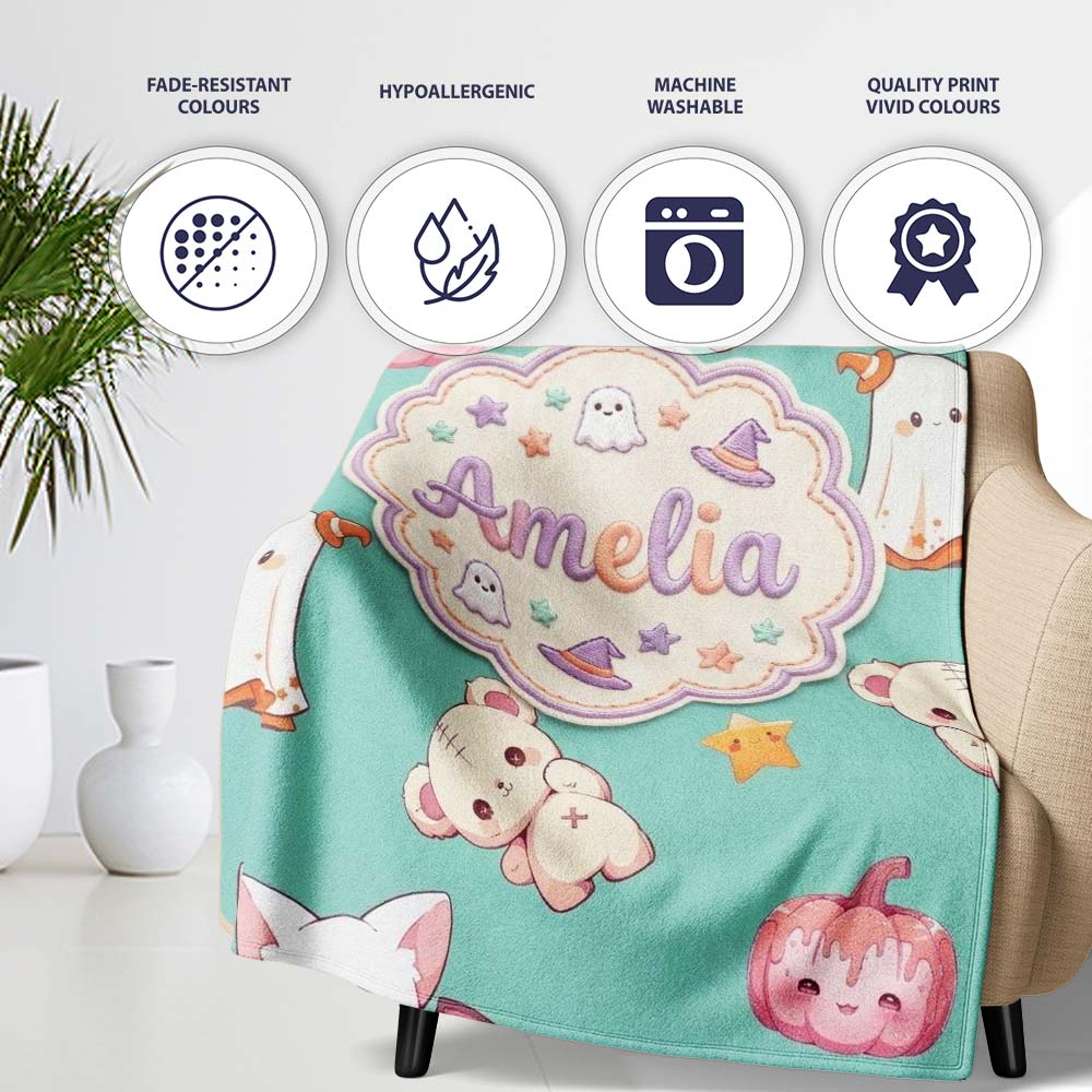 Cute Halloween Bunny Witch Ghost Teddy Pumpkin Seamless Pattern  Personalised Custom Name Super Soft Fleece Blanket Bed Sofa Throw