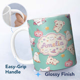 Personalized Custom Name Cute Halloween Bunny Witch Ghost Teddy Pumpkin Seamless Pattern 11oz Ceramic Coffee Tea Mug White Large Handle