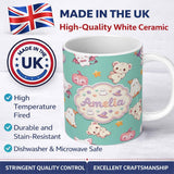 Personalized Custom Name Cute Halloween Bunny Witch Ghost Teddy Pumpkin Seamless Pattern 11oz Ceramic Coffee Tea Mug White Large Handle