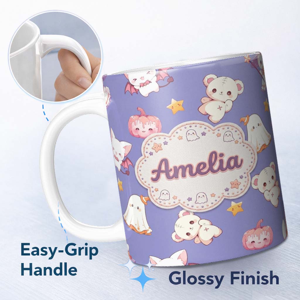 Personalized Custom Name Cute Halloween Bunny Witch Teddy Pumpkin Seamless Pattern Purple 11oz Ceramic Coffee Tea Mug White Large Handle
