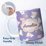 Personalized Custom Name Cute Halloween Bunny Witch Teddy Pumpkin Seamless Pattern Purple 11oz Ceramic Coffee Tea Mug White Large Handle