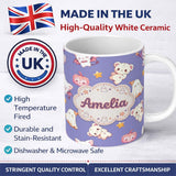 Personalized Custom Name Cute Halloween Bunny Witch Teddy Pumpkin Seamless Pattern Purple 11oz Ceramic Coffee Tea Mug White Large Handle