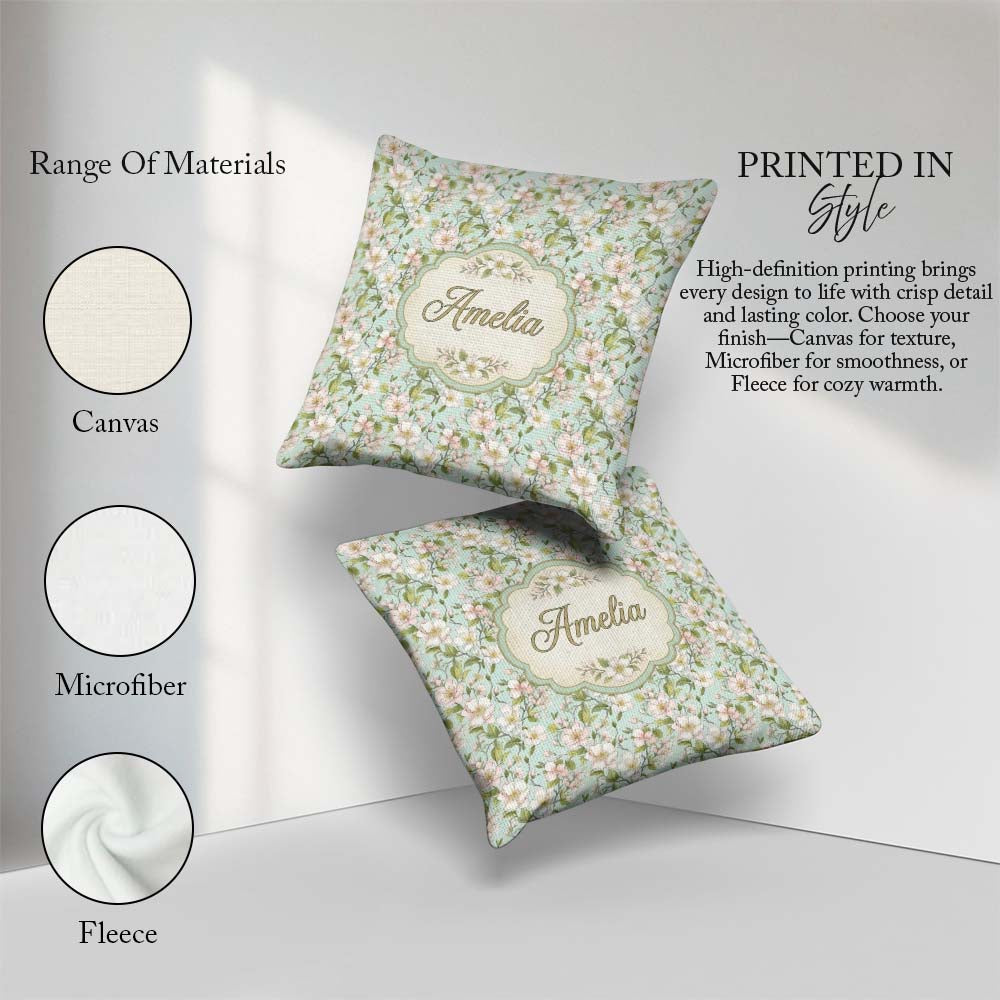Custom Name Delicate Cherry Blossom Pastel Floral Pattern Lovely Square Filled Cushion Throw Pillow Sofa Bed Home Decor Zip Washable UK Made