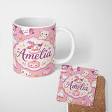 Personalized Custom Name Cute Halloween Bunny Witch Ghost Teddy Pumpkin Seamless Pattern 11oz Ceramic Coffee Tea Mug White Large Handle