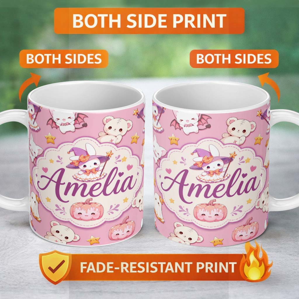 Personalized Custom Name Cute Halloween Bunny Witch Ghost Teddy Pumpkin Seamless Pattern 11oz Ceramic Coffee Tea Mug White Large Handle