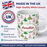 Personalized Custom Name Hand Drawn Christmas Trees with Stars Dots and Swirls Cute Seamless 11oz Ceramic Coffee Tea Mug White Large Handle