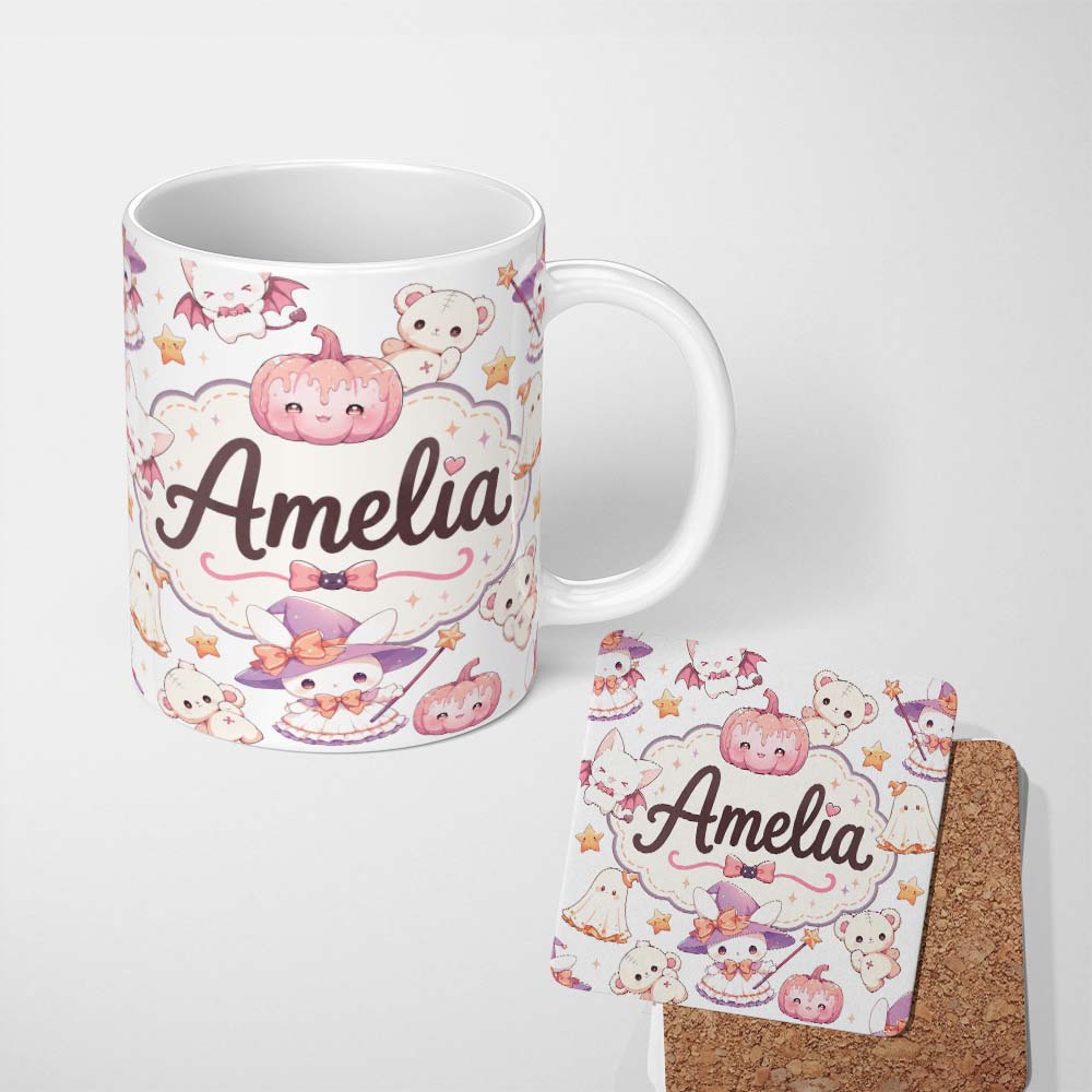 Personalized Custom Name Cute Halloween Bunny Witch Teddy Pumpkin Seamless Pattern White 11oz Ceramic Coffee Tea Mug White Large Handle