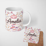 Personalized Custom Name Cute Halloween Bunny Witch Teddy Pumpkin Seamless Pattern White 11oz Ceramic Coffee Tea Mug White Large Handle